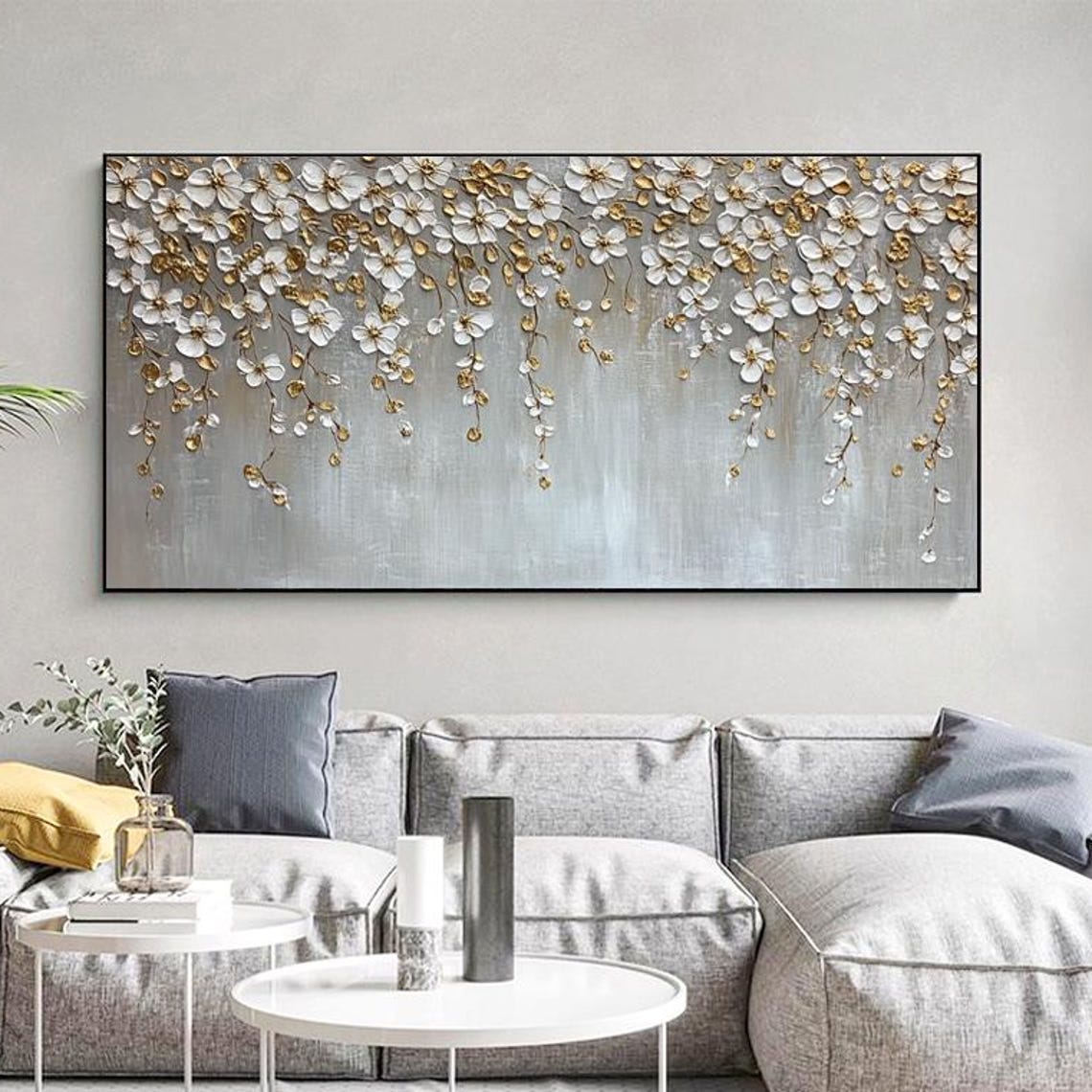 White Hanging Blossom Branch Gold Accent Floral Art Painting Poster