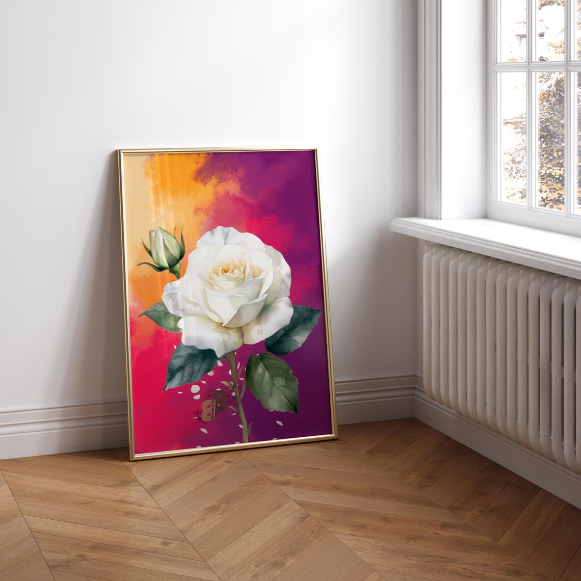 White Rose on Bold Magenta Red Gradient Watercolor Floral Poster