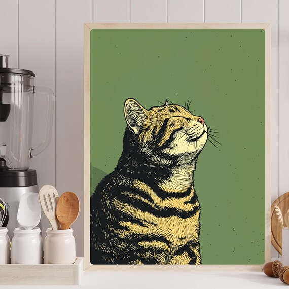 Tabby Cat Closed Eyes Olive Green Retro Animal Art Poster Decor