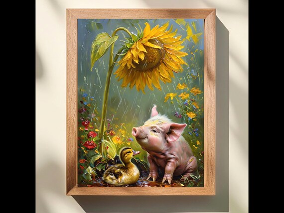 Piglet Duckling Sunflower Rain Cute Farm Painting Art Poster