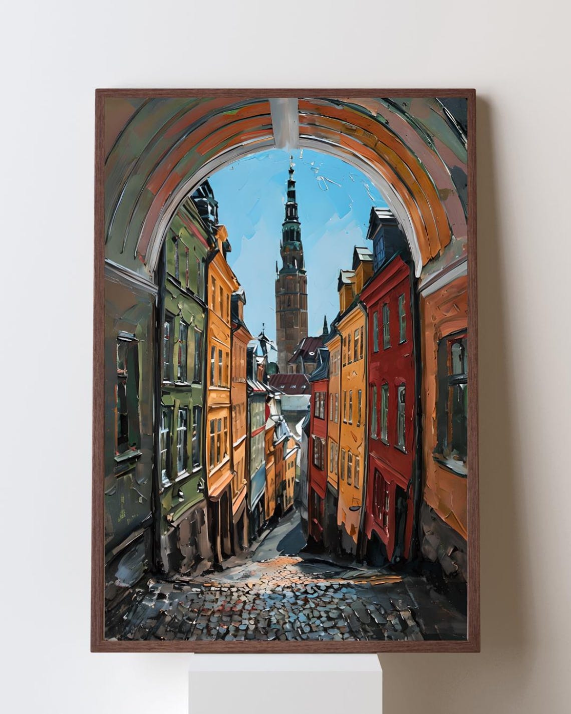 Stockholm Wall Art Gamla Stan Narrow Street Painting Colorful Old Town Sweden Print Scandinavian Travel Decor Europecore Artwork