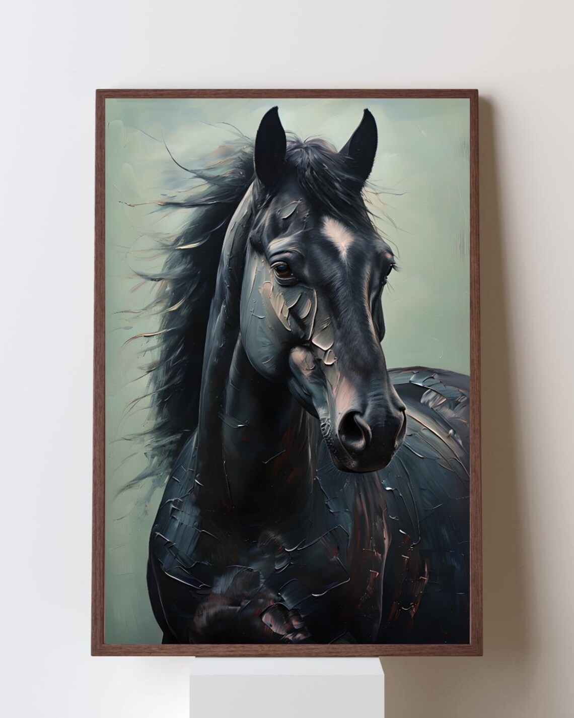 Black Stallion Impasto Oil Painting Portrait of a Wild Horse Print