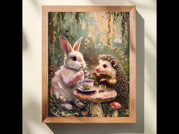 Hedgehog Bunny Tea Party Print Whimsical Forest Nursery Art