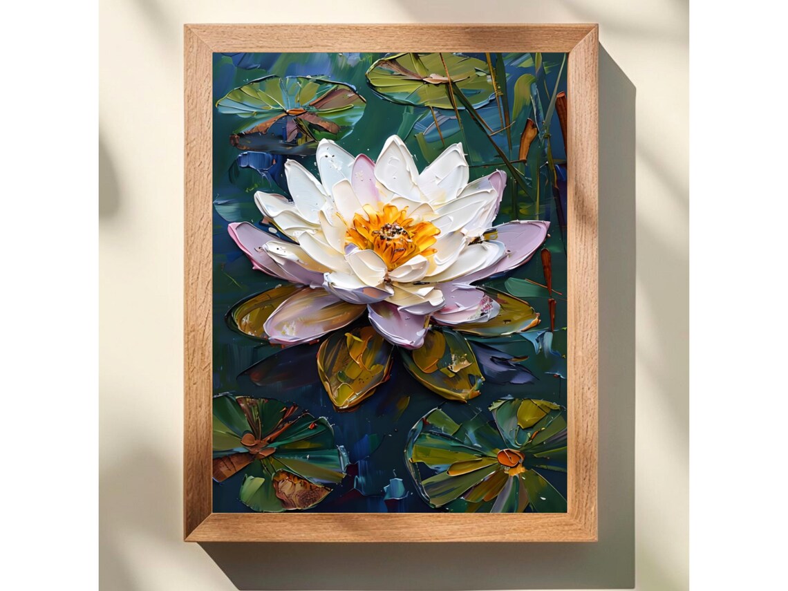 White Water Lily Pond Dark Water Impasto Botanical Painting Poster