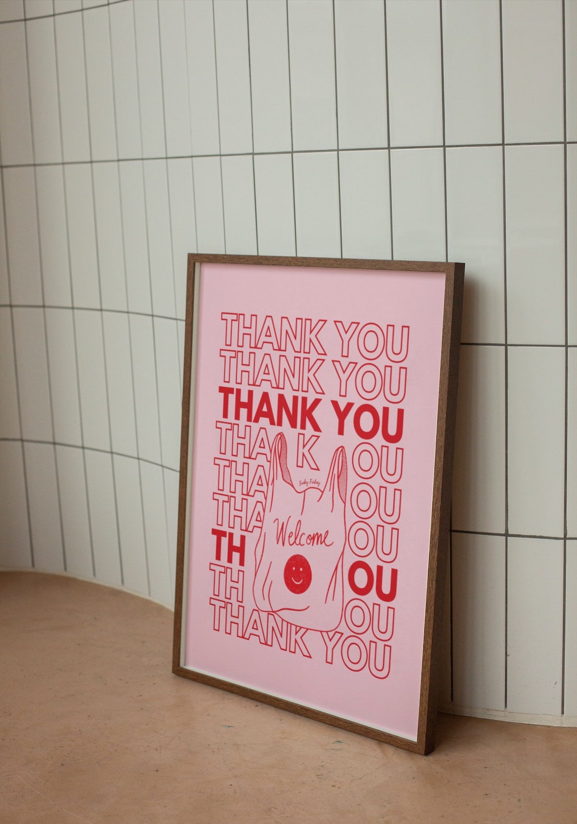 Pink Red Thank You Retro Plastic Bag Welcome Smiley Wall Print - Image 2
