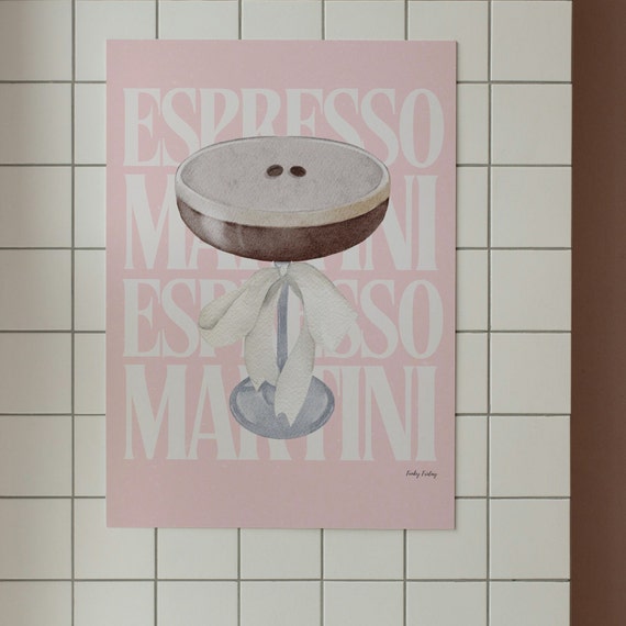 Espresso Martini Poster Watercolor Bow Print Bar Cart Art Cocktail Print Pink Kitchen Print
