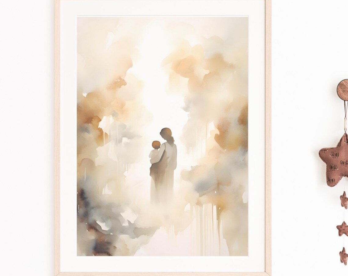 Mother and Child Silhouette in Soft Neutral Watercolor Poster - Image 3