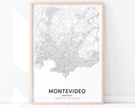 Montevideo Map Print Uruguay Art Poster City Street Road Black White Modern Wall Office Decor
