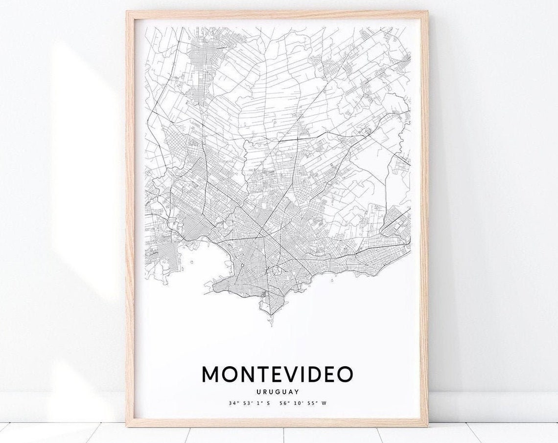Montevideo Map Print Uruguay Art Poster City Street Road Black White Modern Wall Office Decor