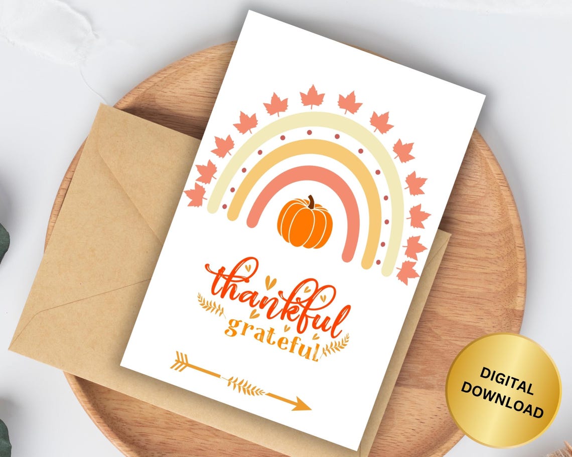 Thankful Grateful Fall Rainbow with Pumpkin Thanksgiving Card Poster