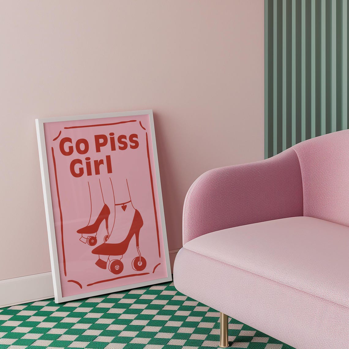 Go Piss Girl Decorative Border Red Skates Retro Pink Art Poster