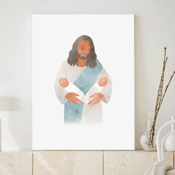 Jesus Holding Twin Babies in Gentle Watercolor Remembrance Poster