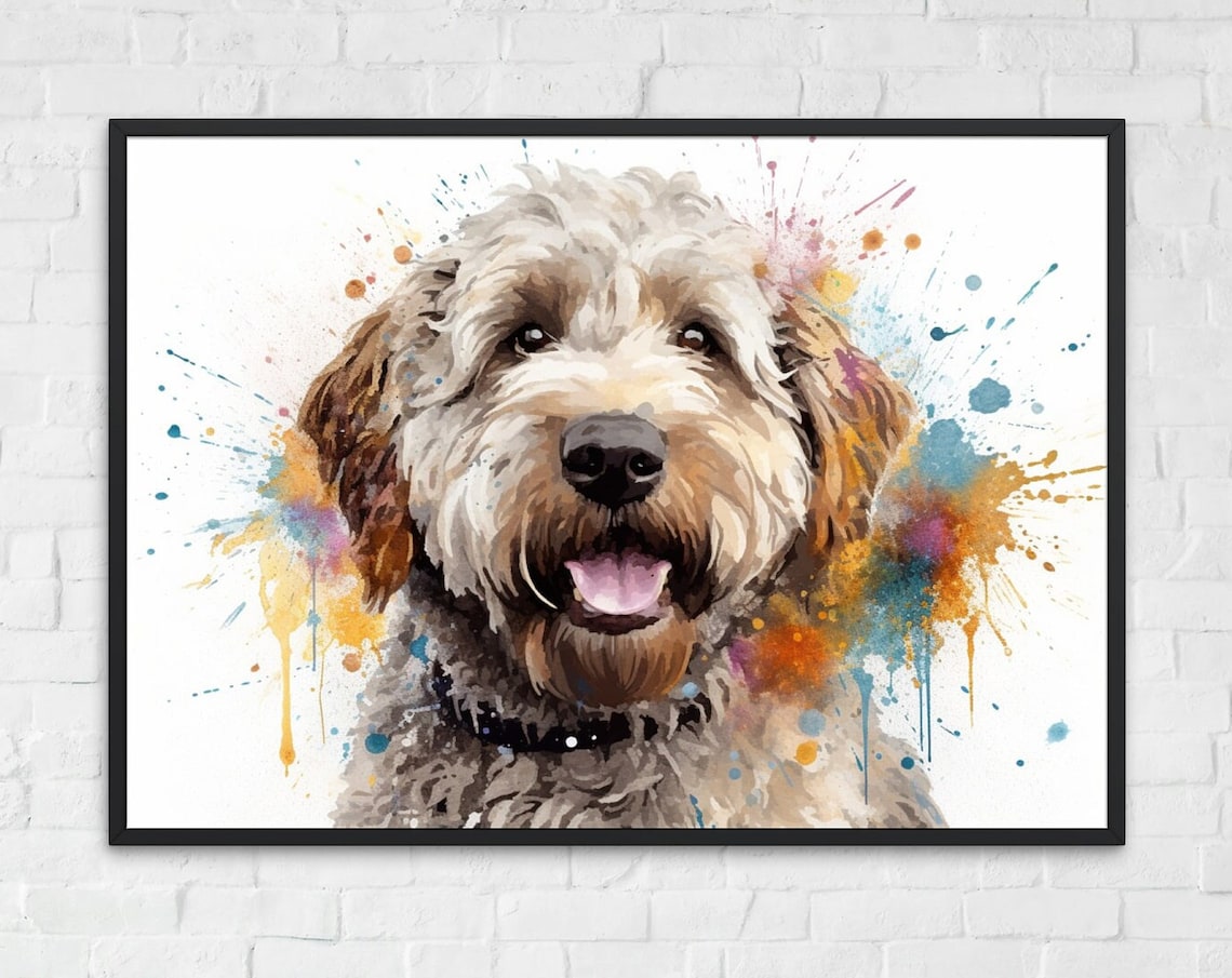 Smiling White Doodle Dog Portrait With Bright Paint Drips Art Poster