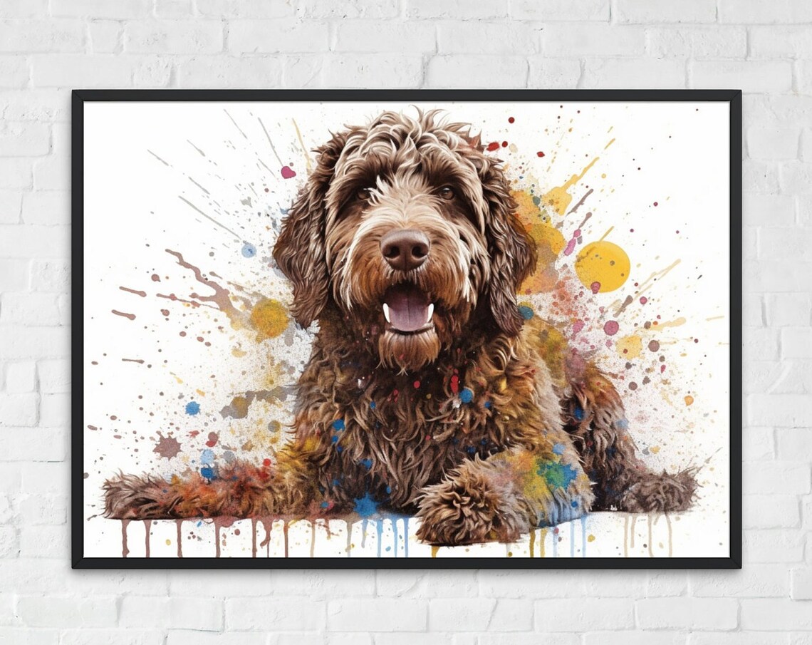 Chocolate Doodle Dog Lying Down Watercolor Splash Portrait Art Poster
