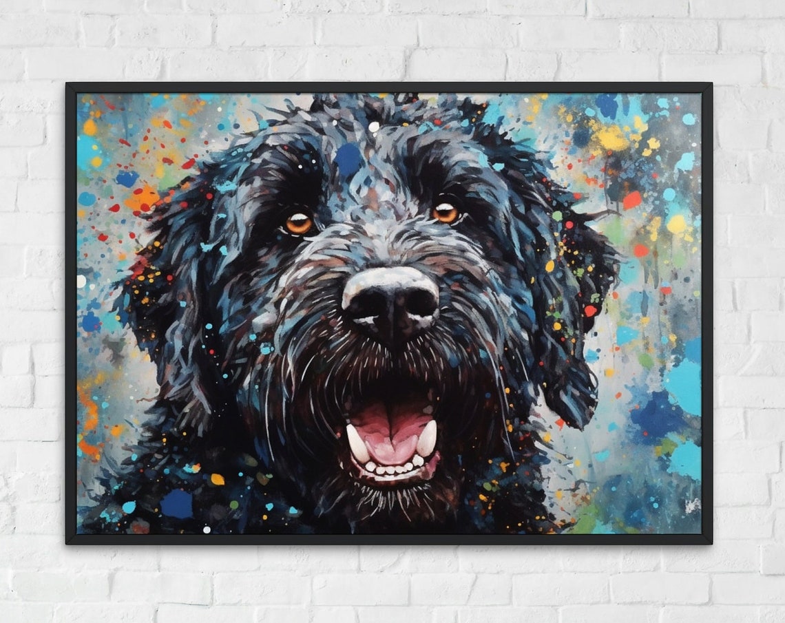 Grinning Black Doodle Dog Portrait With Rainbow Splatter Art Poster