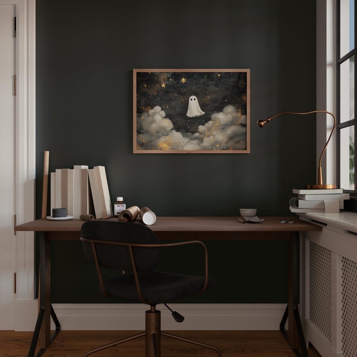 Cute Ghost Among Stars In Moody Dark Night Sky Spooky Halloween Poster - Image 2