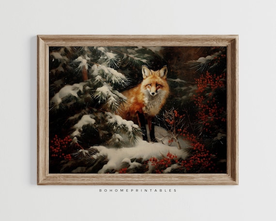 Red Fox Among Snowy Pines and Winter Berries Painting Poster