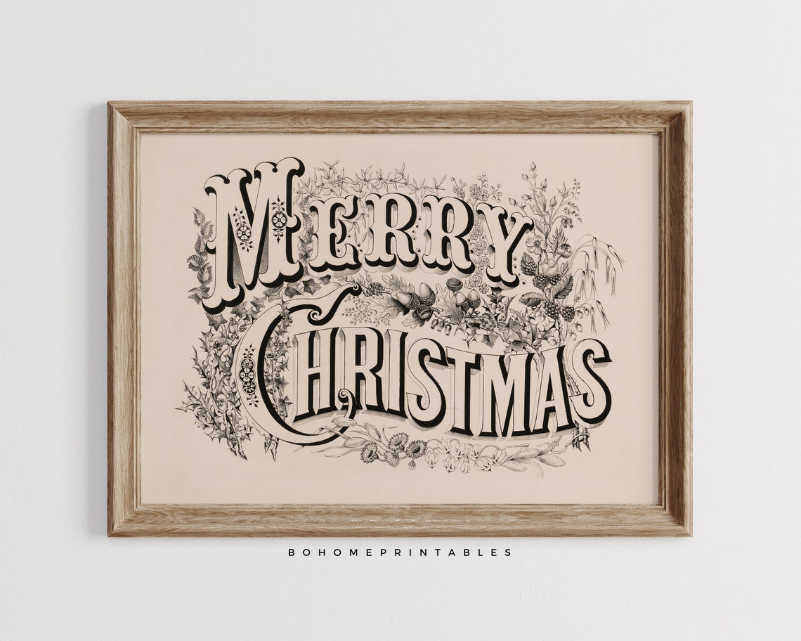 Victorian Merry Christmas Ornamental Typography Vintage Art Poster