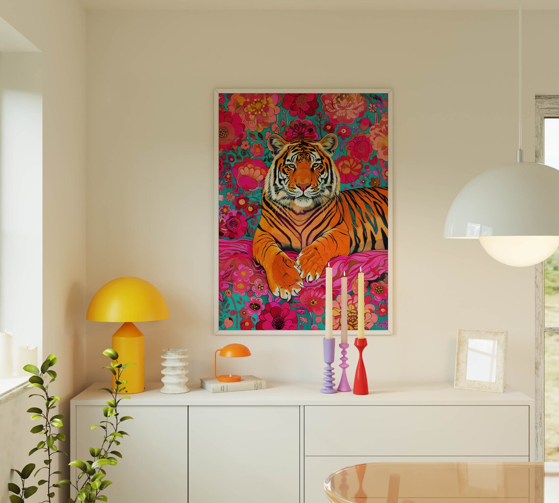 Tiger Floral Print, Maximalist Animal Art - Image 3