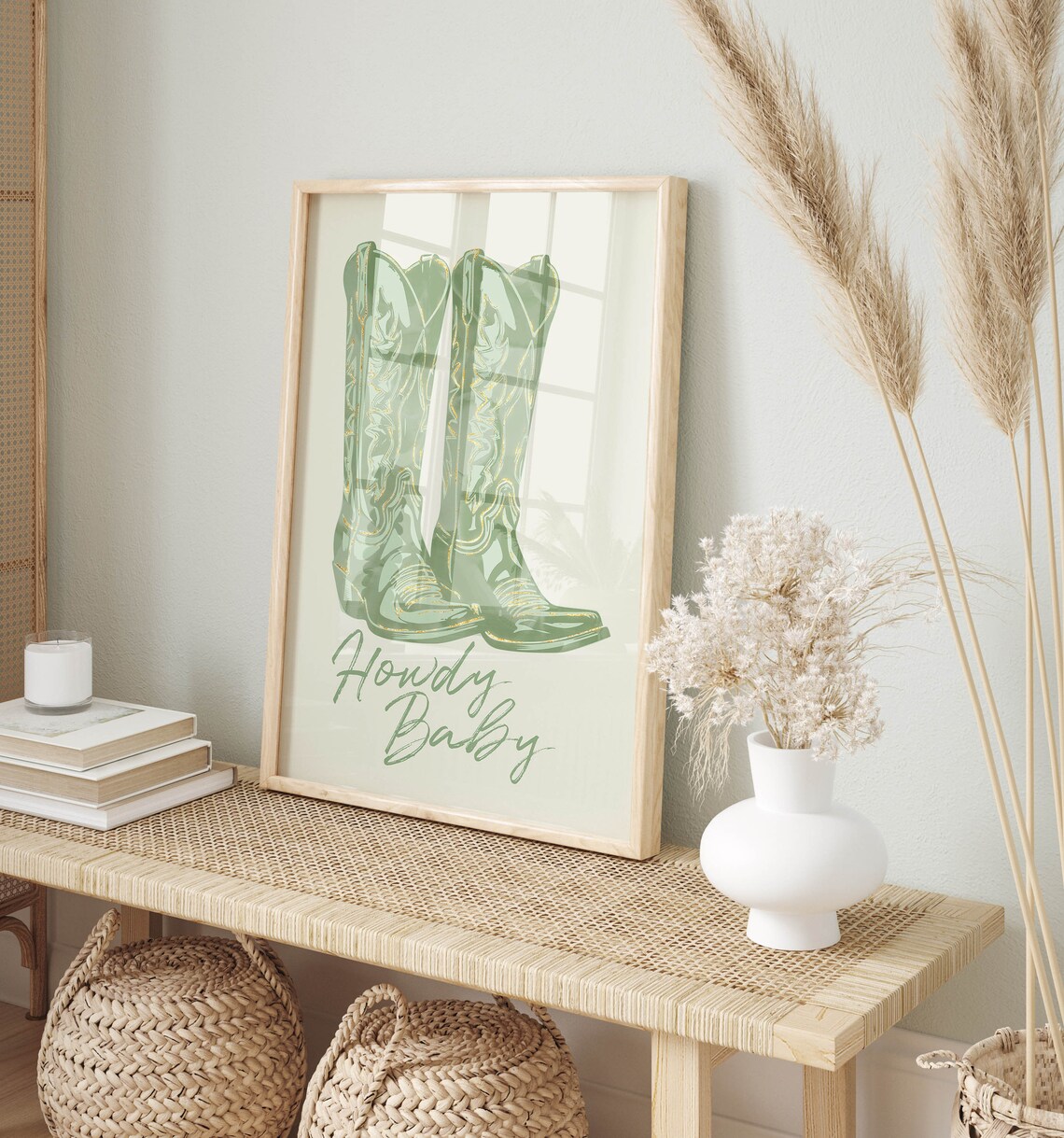 Howdy Baby Sage Green Cowboy Boots Western Typography Poster - Image 2