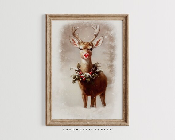 Rudolphe the Reindeer with Holly Wreath Rustic Christmas Art Poster