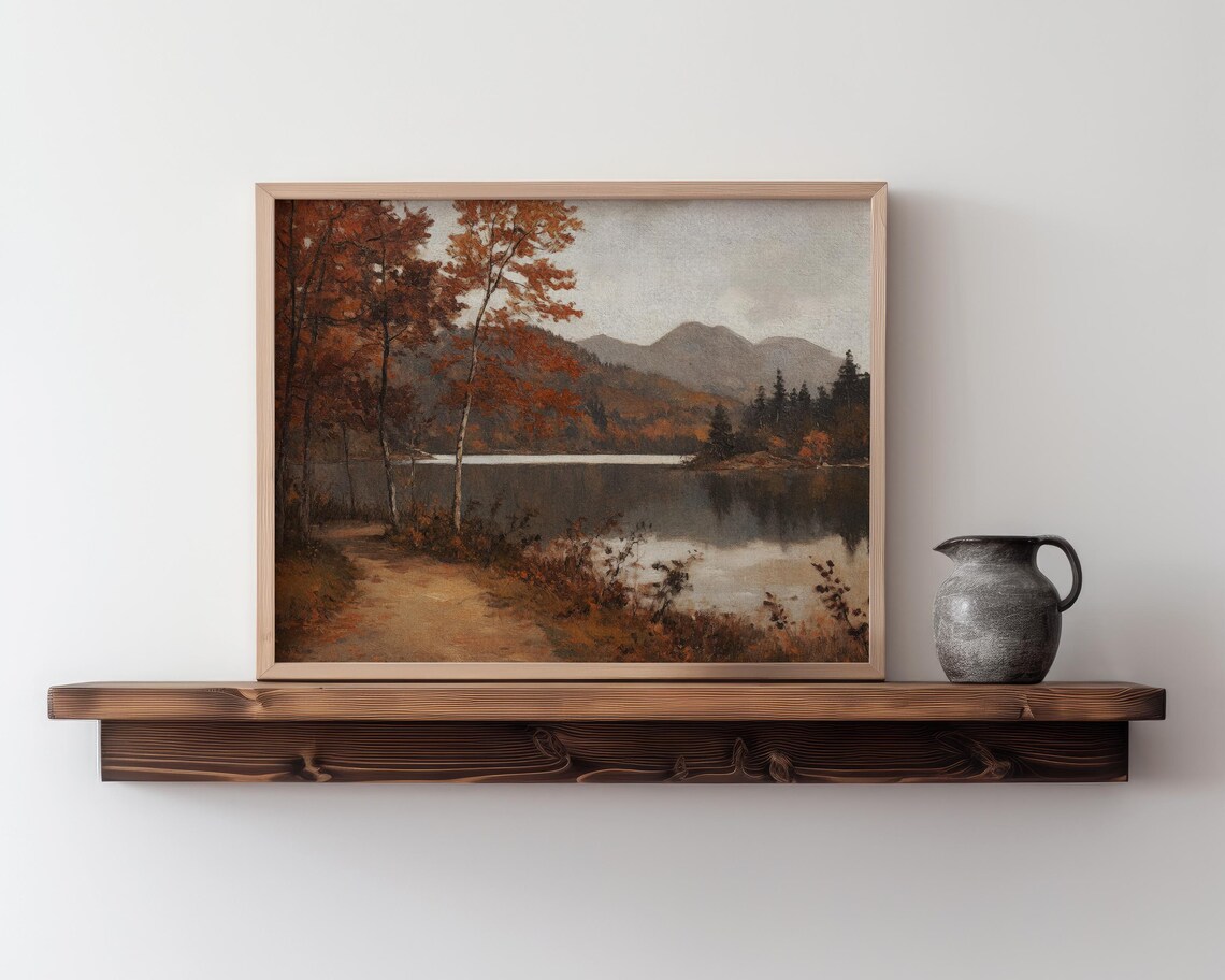 Autumn Lake And Mountain Landscape In Vintage Painting Style Art Print - Image 2