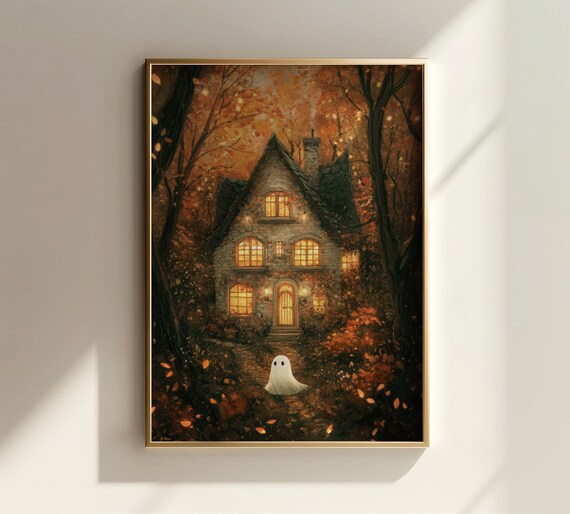 Whimsical Cozy Ghost in Autumn Forest Cottage Halloween Poster