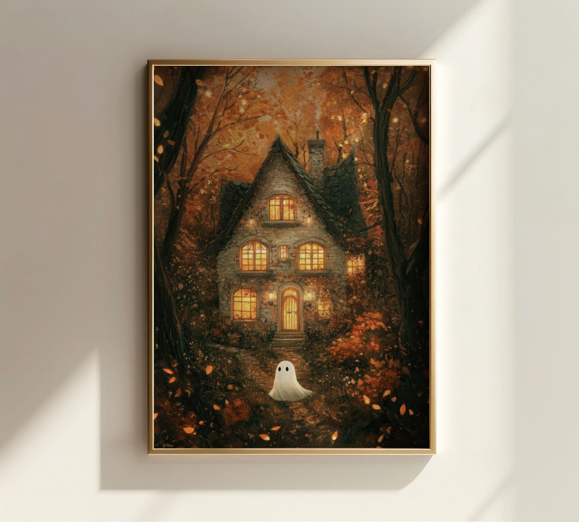 Whimsical Cozy Ghost in Autumn Forest Cottage Halloween Poster