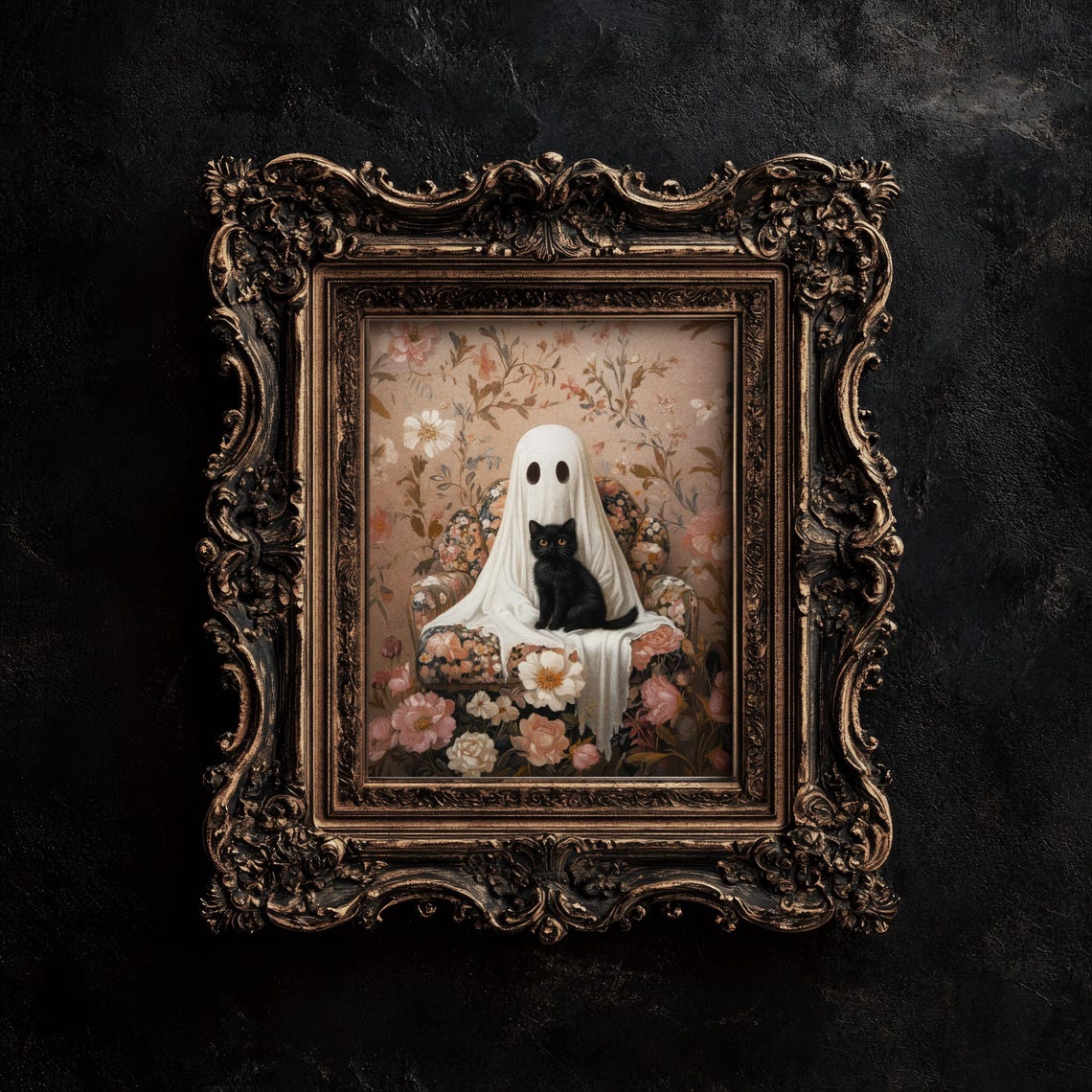 Cute Ghost with Black Cat on Floral Armchair Halloween Poster - Image 2