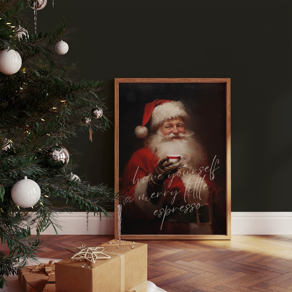 Retro Santa Claus Drinking Espresso Merry Little Quote Poster - Image 2