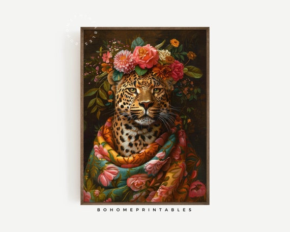 Leopard Portrait Floral Crown Botanical Shawl Dark Wall Poster