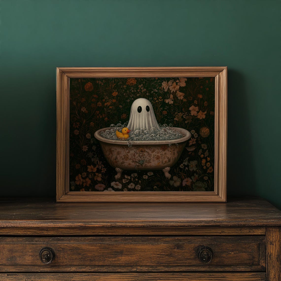 Whimsical Ghost Rubber Duck Bubble Bath Dark Floral Halloween Poster - Image 2