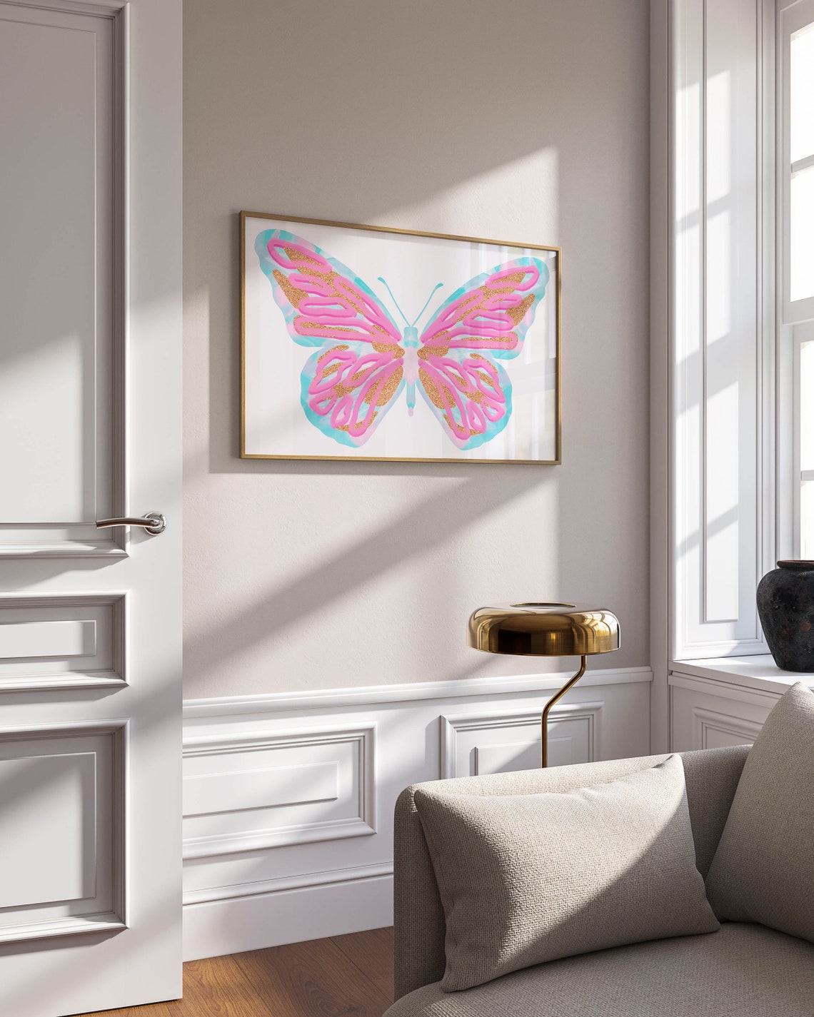 Pink Blue Gold Glitter Butterfly Pop Art Trendy Teen Room Poster - Image 2