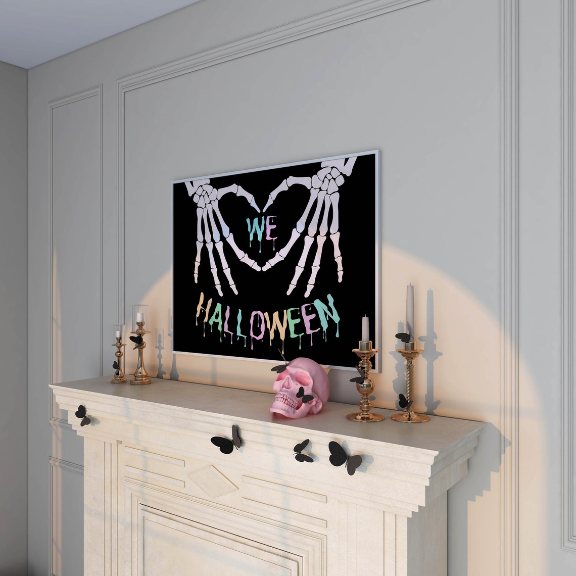 Skeleton Hands Heart We Halloween Pastel Drip Typography Poster - Image 2