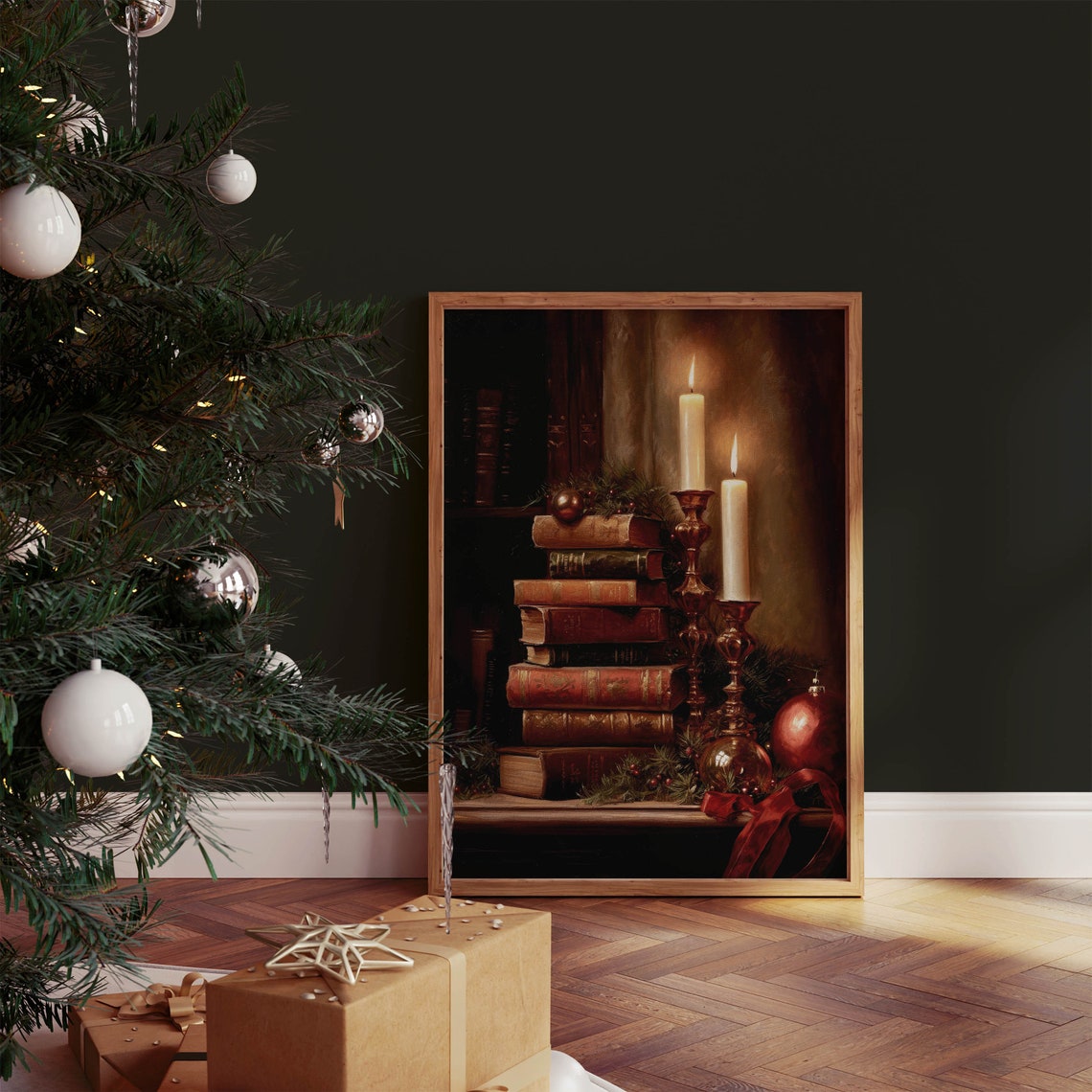 Vintage Christmas Books Candles Ornaments Dark Oil Painting Poster - Image 2
