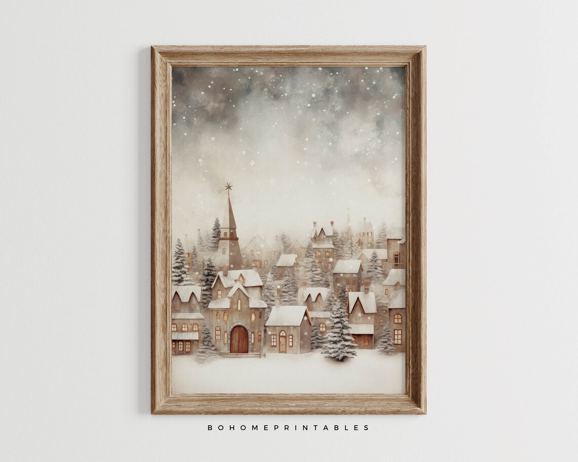 Dreamy Snowy Christmas Village with Church Steeple Art Poster