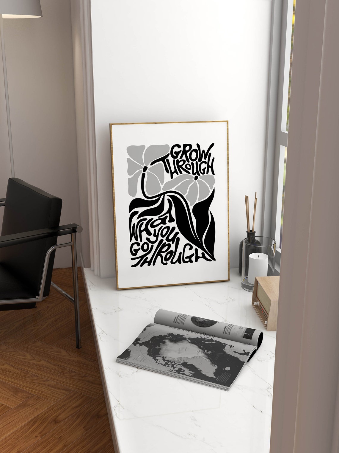 Grow Through What You Go Through Groovy Black Floral Mantra Poster - Image 2