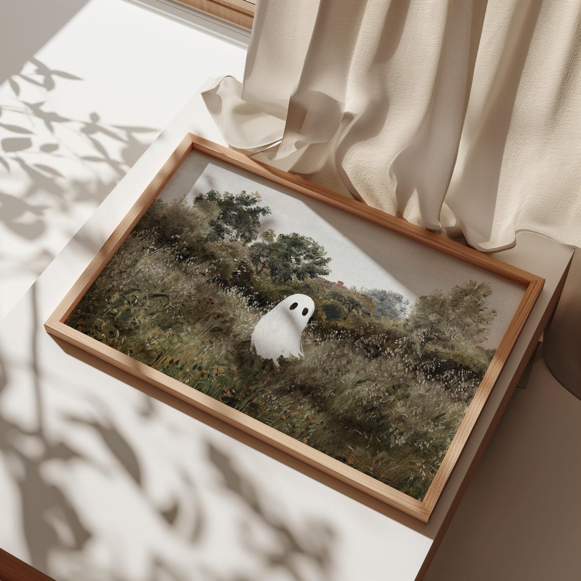 Cute Ghost In Wildflower Meadow Vintage Halloween Decor Art Print - Image 2