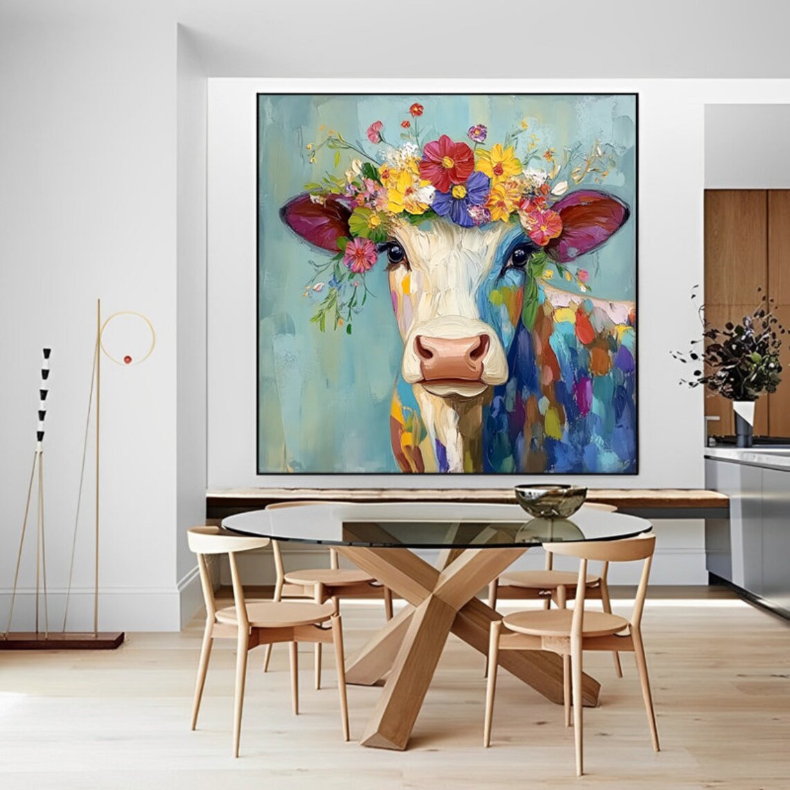 Abstract Floral Cow Oil-Painting Art Print, Living Room - Image 2