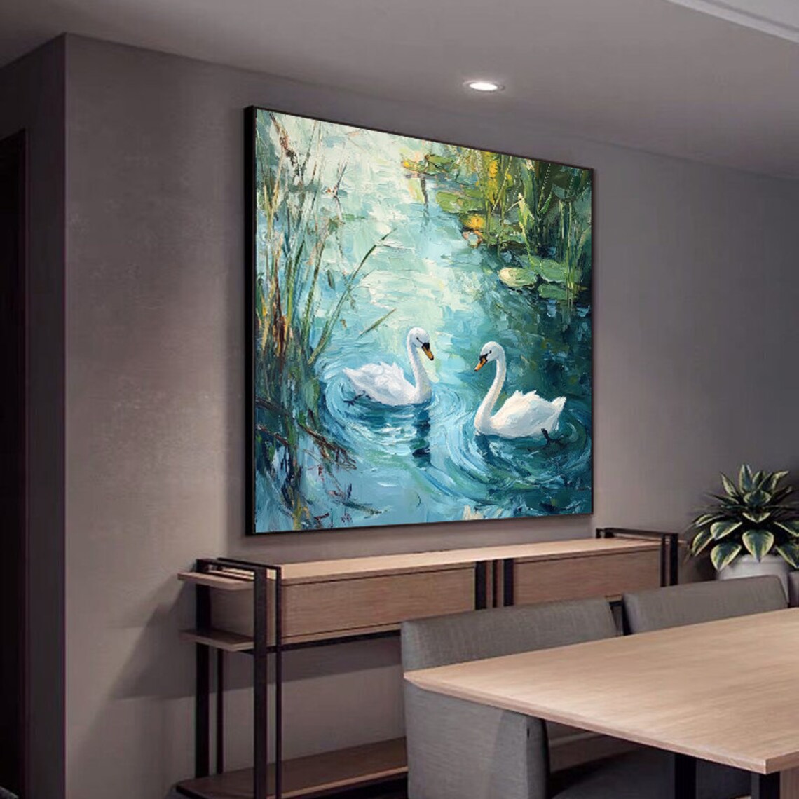 Swans With Water Plants, Abstract Oil Painting - Image 4