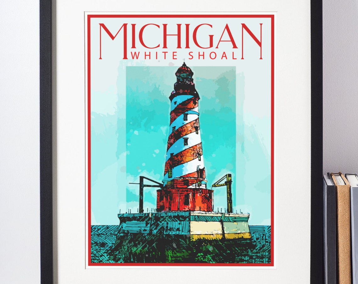 Michigan White Shoal Lighthouse Great Lakes Vintage Travel Poster