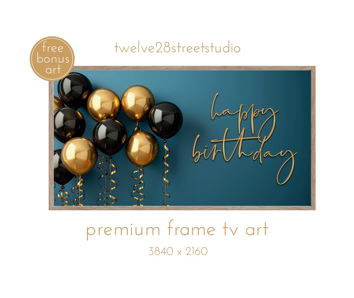 Gold Script Happy Birthday Black Gold Balloons Teal Wall TV Art Poster