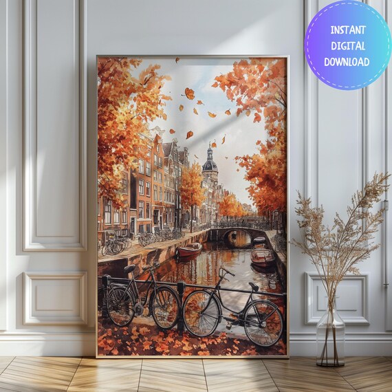 Amsterdam Watercolor Autumn Travel Poster, Holland
