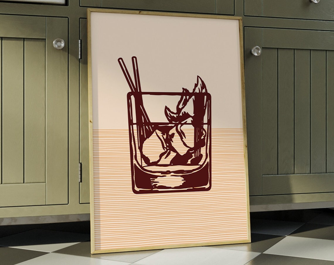 Old Fashioned Cocktail Line Art Retro Bar Cart Whiskey Drink Wall Art