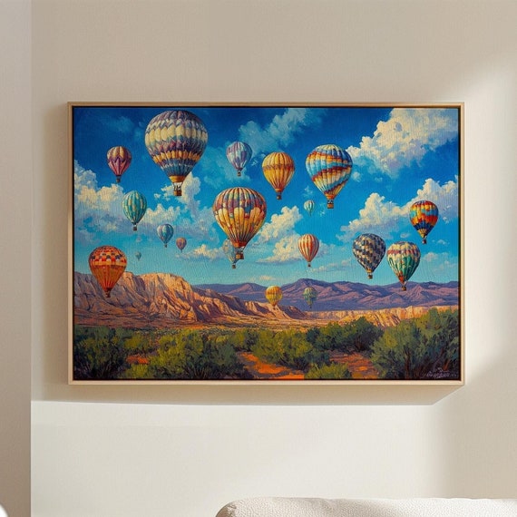 Hot Air Balloons Over Scenic Desert Colorful Sky And Landscape Painting For Adventure Inspired Wall Art Print