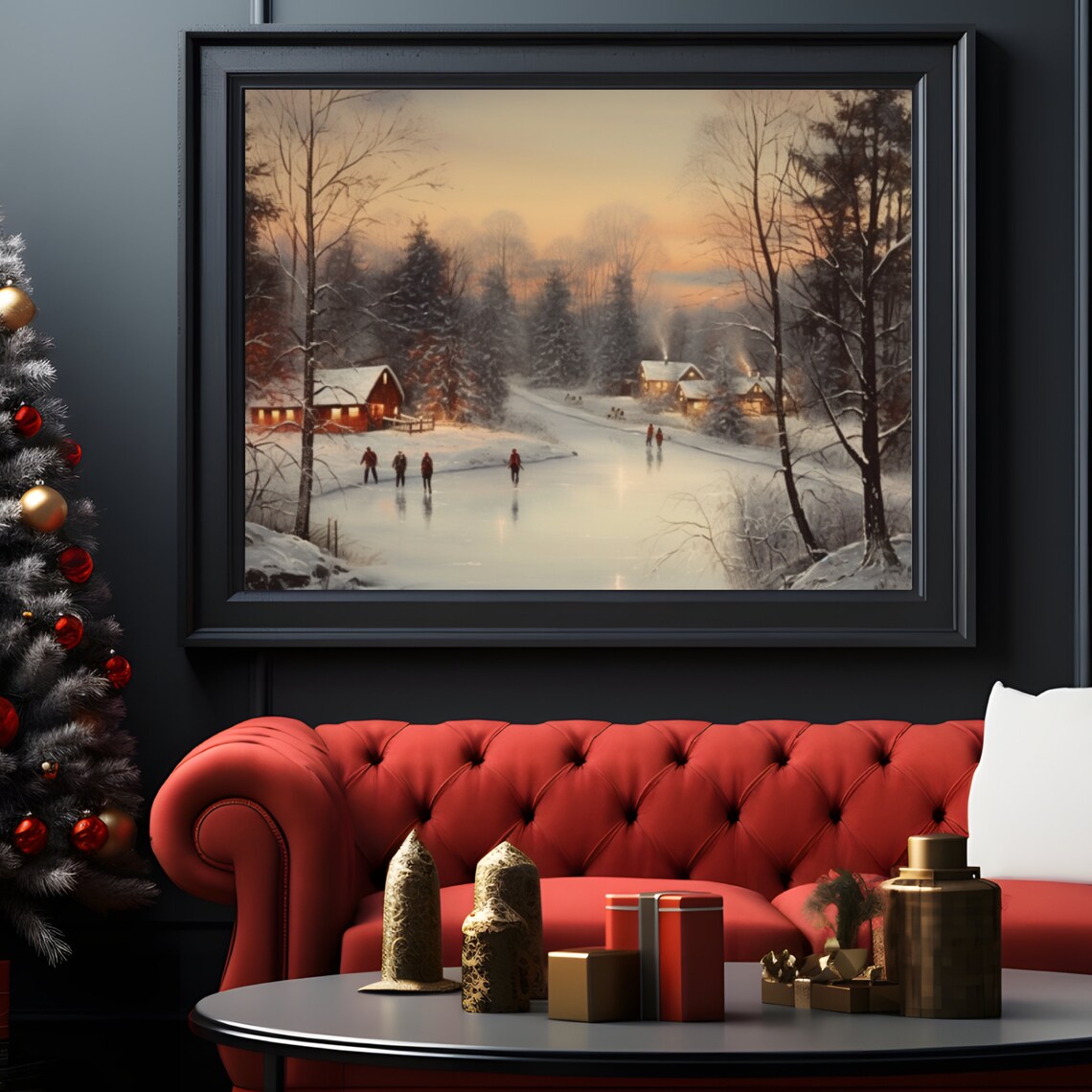 Winter Village Pond Ice Skating At Dusk Snowy Christmas Poster - Image 5