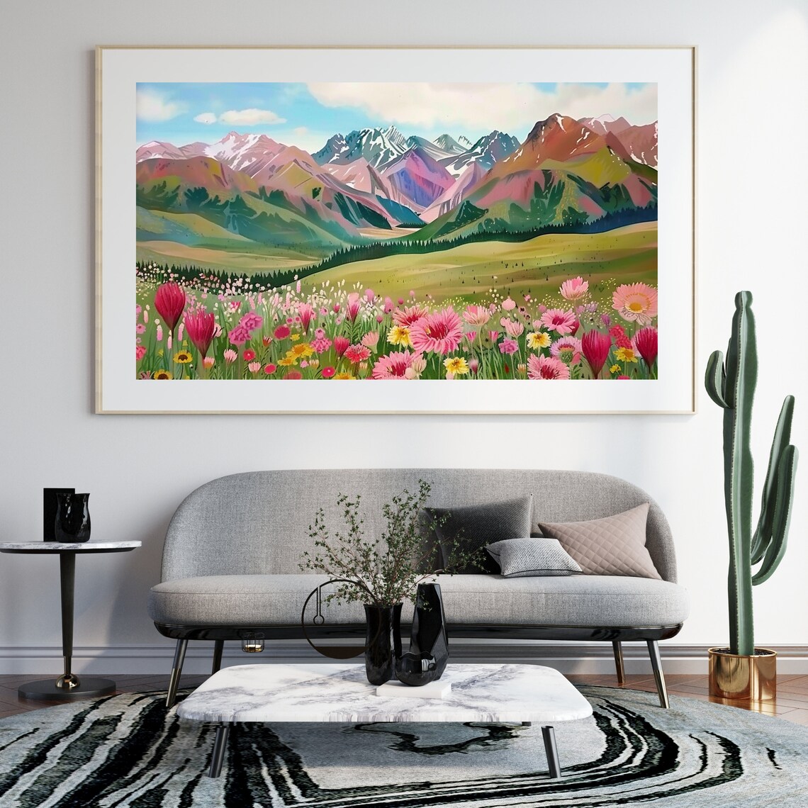 Pink Wildflower Meadow Beneath Snowcapped Peaks Landscape Poster - Image 2