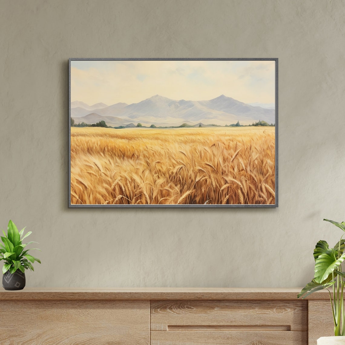 Golden Wheat Field With Mountains Farmhouse Landscape Poster - Image 4