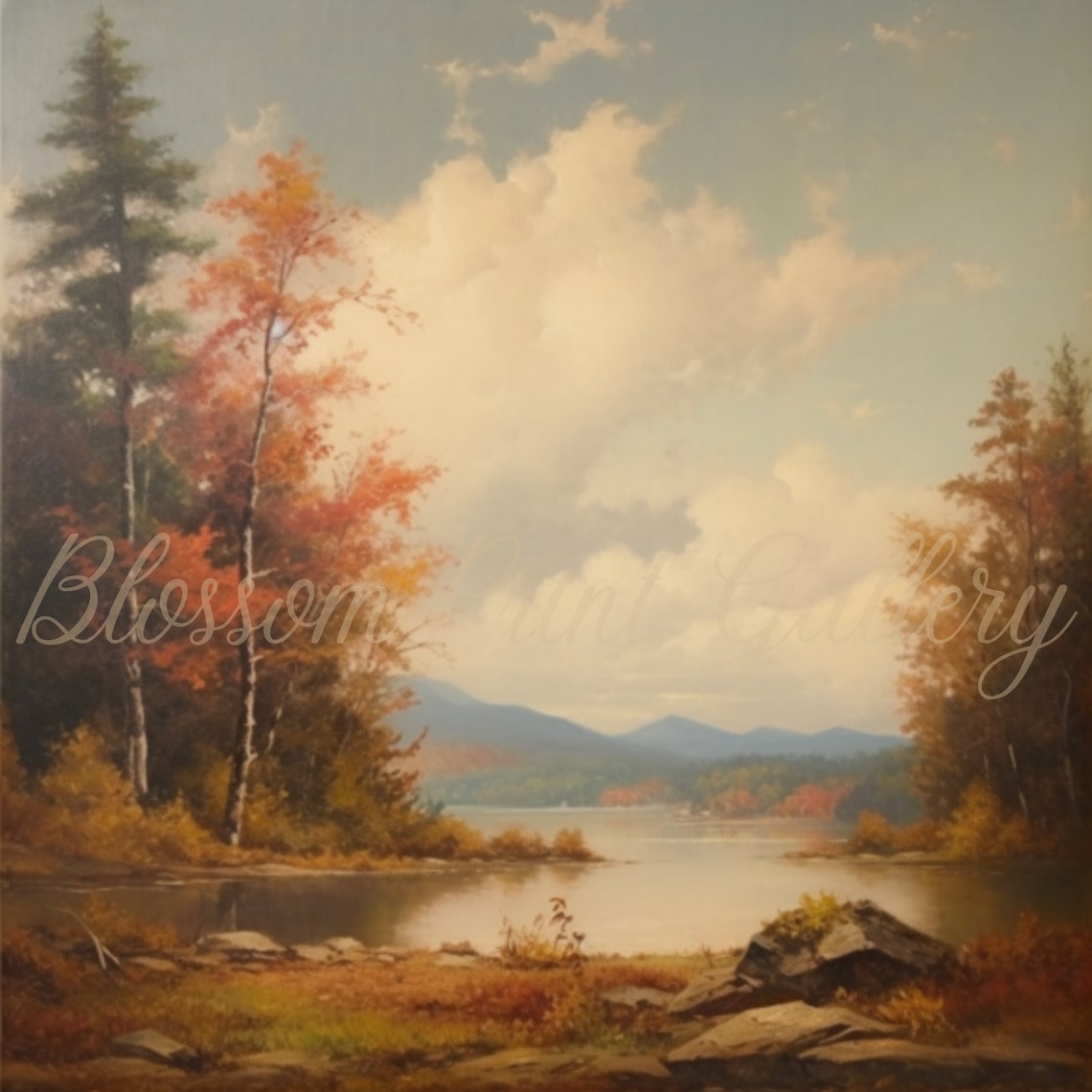 Serene Autumn Lake with Mountains and Clouds Painting Poster - Image 2