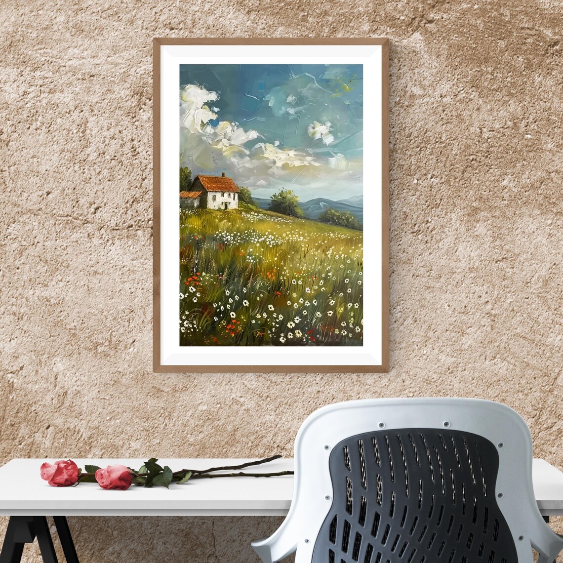 Wildflower Meadow With White Farmhouse Impasto Clouds Rustic Art Poster - Image 6